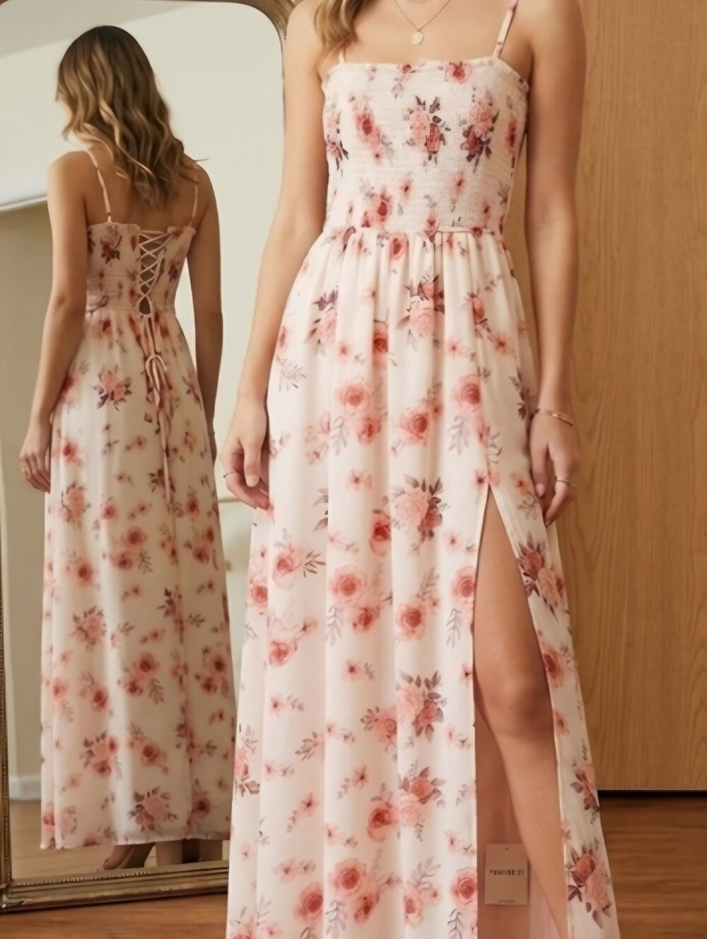 Rue21 Floral Smocked Maxi Dress | Blush Pink Cottagecore Sun Dress Corset Back S
